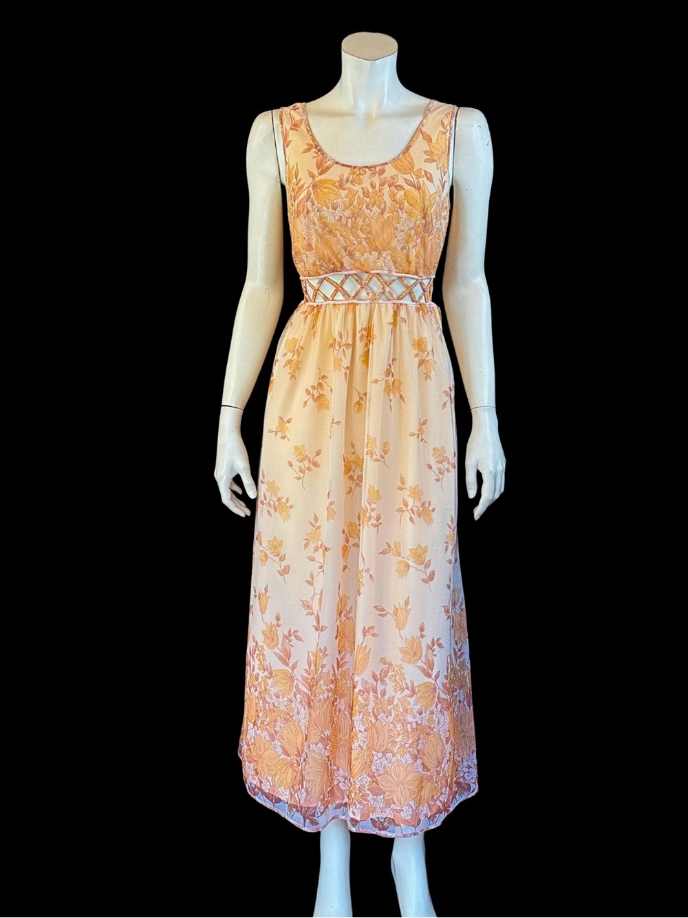 1970s Cage Waist St Michael Floral Orange Peach Nylon Nightgown | 38 40